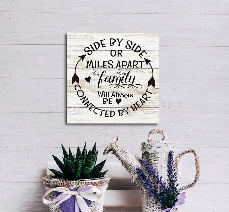 SUSZDOU Family Sign, “Side by Side or Miles Apart, Family Will Always Be Connected by Heart”, Wooden Plaque Table Art Sign 6.2x6.2 Inch, Farmhouse Room Decor, Long Distance Gift for Loved Ones - Image 5